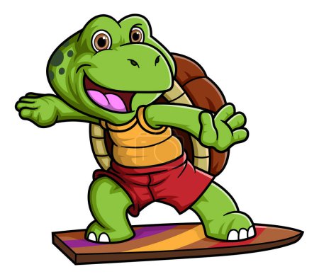 Téléchargez les illustrations : Dessin animé petite tortue jouant au surf d'illustration - en licence libre de droit