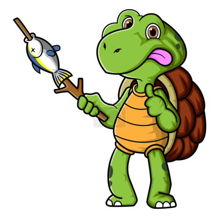 Illustration for Cartoon cute turtle grilling a fish of illustration - Royalty Free Image