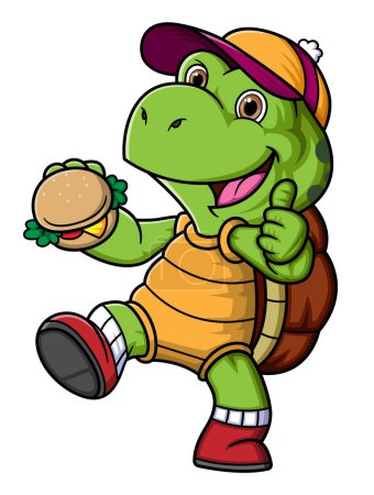 Téléchargez les illustrations : La jolie tortue mange un hamburger d'illustration - en licence libre de droit