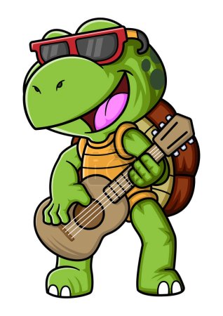 Téléchargez les illustrations : Dessin animé petite tortue jouant une guitare d'illustration - en licence libre de droit