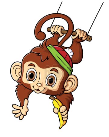 Illustration for Cute monkey swinging and holding banana of illustration - Royalty Free Image