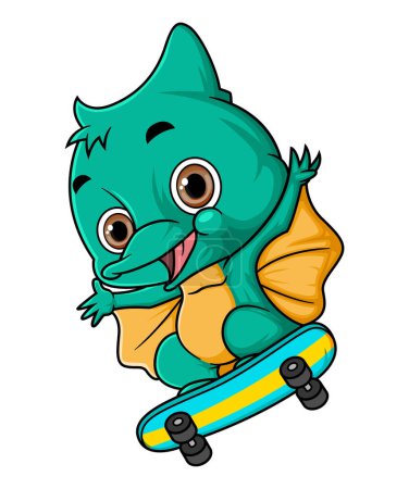 Téléchargez les illustrations : Dessin animé drôle de petits ptérosaures jouant skateboard d'illustration - en licence libre de droit