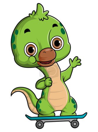 Ilustración de Dibujos animados divertido bebé dinosaurio brontosaurus jugando monopatín de ilustración - Imagen libre de derechos