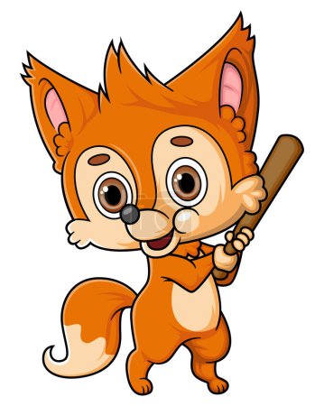 Téléchargez les illustrations : Dessin animé mignon petit renard jouant au baseball d'illustration - en licence libre de droit