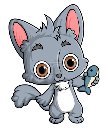 Téléchargez les illustrations : Dessin animé chat drôle tenant du poisson frais d'illustration - en licence libre de droit