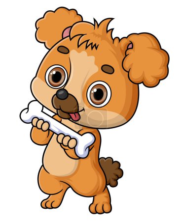 Téléchargez les illustrations : Bébé chien dessin animé tenant un gros os d'illustration - en licence libre de droit