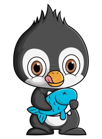 Illustration for Cute penguin holding a big fish of illustration - Royalty Free Image
