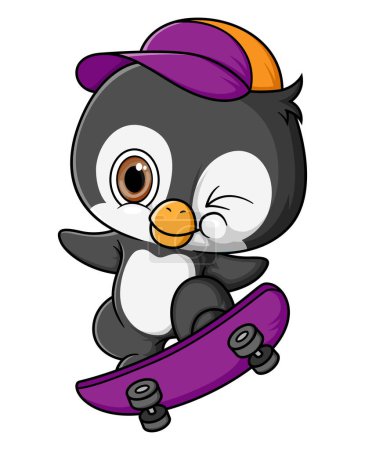Téléchargez les illustrations : Dessin animé mignon bébé pingouin jouant skateboard d'illustration - en licence libre de droit