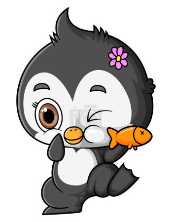 Téléchargez les illustrations : Dessin animé petit pingouin tenant un poisson d'illustration - en licence libre de droit