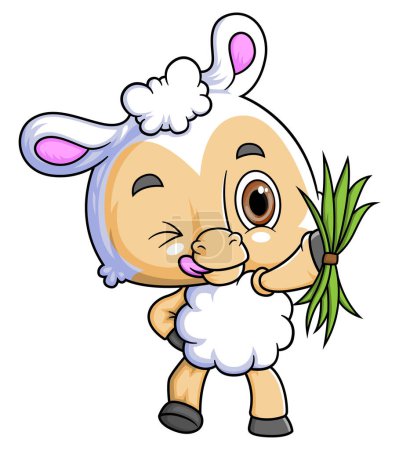 Illustration for Cartoon little sheep holding grass on white background of illustration - Royalty Free Image