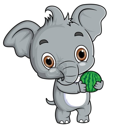 Téléchargez les illustrations : Dessin animé petit éléphant tenant de l'herbe sur fond blanc d'illustration - en licence libre de droit