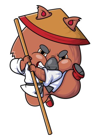 Illustration for Cartoon cute quokka fighter holding stick in action of illustration - Royalty Free Image
