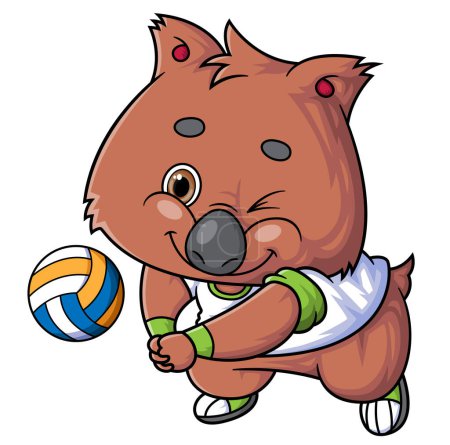 Illustration for Cartoon cute quokka character playing volleyball on white background of illustration - Royalty Free Image