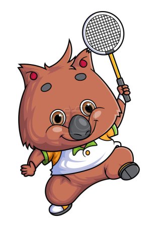 Illustration for Cartoon cute quokka character playing badminton on white background of illustration - Royalty Free Image