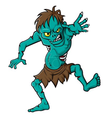 Téléchargez les illustrations : Dessin animé zombie effrayant marche isolé sur fond blanc de l'illustration - en licence libre de droit