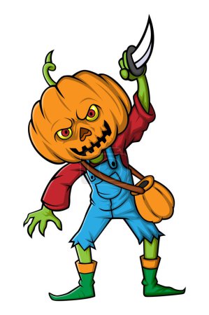 Illustration for A pumpkin headed human holding knife on white background of illustration - Royalty Free Image