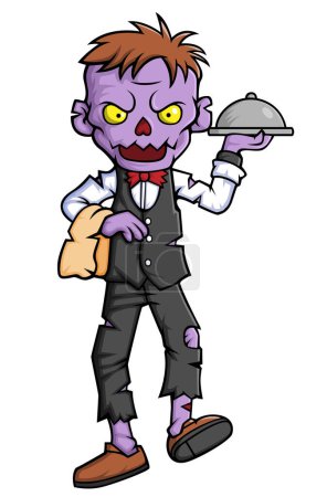 Téléchargez les illustrations : Fantomatique zombie serveurs personnage de dessin animé sur fond blanc de l'illustration - en licence libre de droit