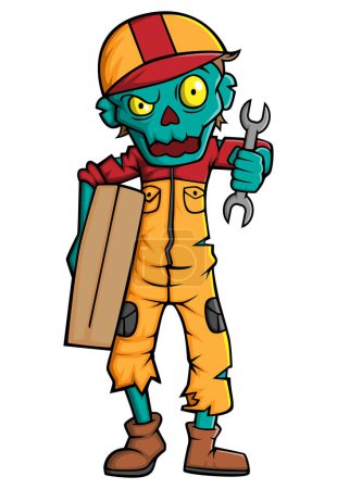 Illustration for Spooky zombie mechanic cartoon character on white background of illustration - Royalty Free Image