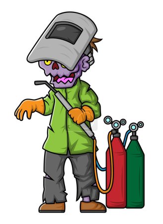 Téléchargez les illustrations : Spooky zombie soudeur personnage de dessin animé sur fond blanc de l'illustration - en licence libre de droit