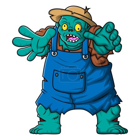 Illustration for Spooky zombie farmer cartoon character on white background of illustration - Royalty Free Image