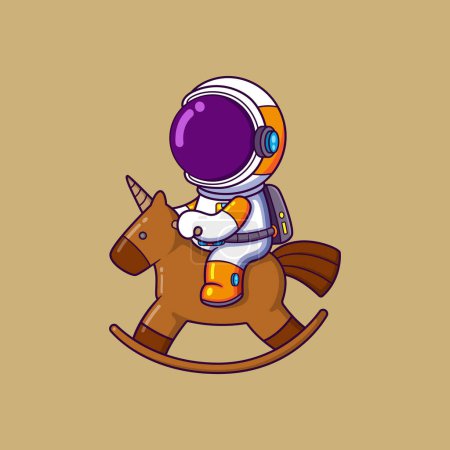 Téléchargez les illustrations : Mignon astronaute équitation cheval en bois personnage de bande dessinée de l'illustration - en licence libre de droit