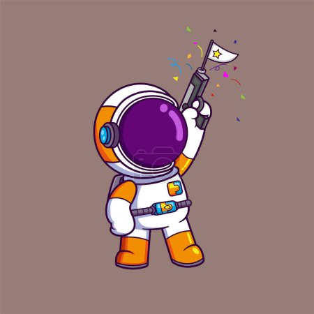 Téléchargez les illustrations : Mignon astronaute tenant un pistolet jouet avec un drapeau bang personnage de bande dessinée de l'illustration - en licence libre de droit
