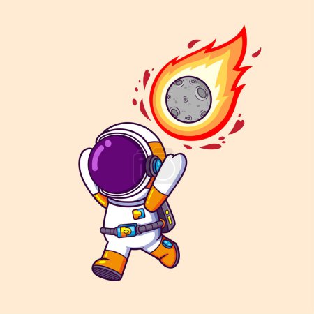 Illustration for Cute Astronaut running from moon ball fire Cartoon character of illustration - Royalty Free Image