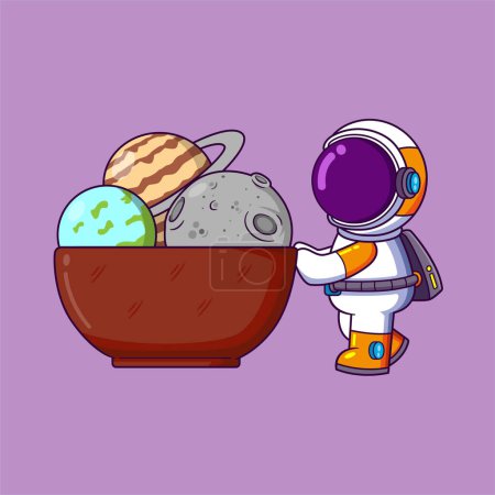 Téléchargez les illustrations : Mignon astronaute avec planète et lune dans un grand bol. Icône Science Technology Concept d'illustration - en licence libre de droit