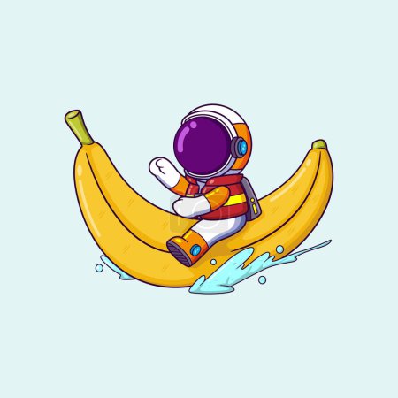 Ilustración de Astronauta feliz montando un barco de plátano. Icono de vacaciones de ciencia Concepto de ilustración - Imagen libre de derechos