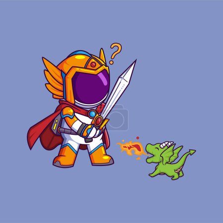 Ilustración de Caballero astronauta lindo con espada y pequeño dragón. Ciencia Tecnología Icono Concepto de ilustración - Imagen libre de derechos