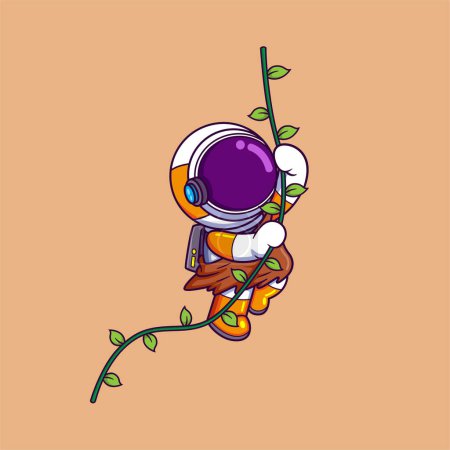 Illustration for Cute Astronaut Swinging With Root Rope In Jungle. Science Technology Icon Concept of illustration - Royalty Free Image