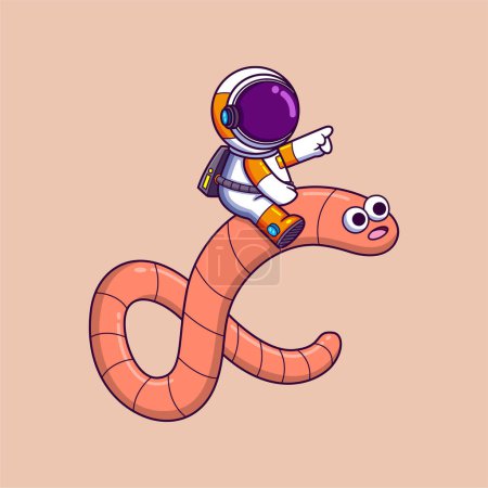 Illustration for Happy Astronaut riding a big worm monster cartoon character of illustration - Royalty Free Image