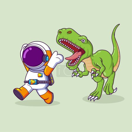 Illustration for Astronaut running Away from a Dinosaur cartoon character of illustration - Royalty Free Image