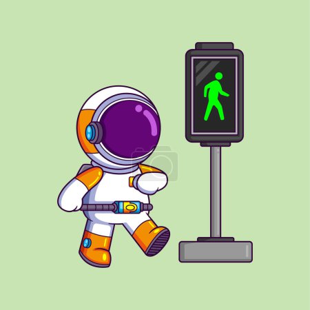 Illustration for Cute astronaut walks according to the pedestrian light indicator cartoon character of illustration - Royalty Free Image