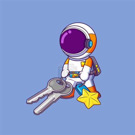 Illustration for Cute astronaut pulling big key cartoon character of illustration - Royalty Free Image