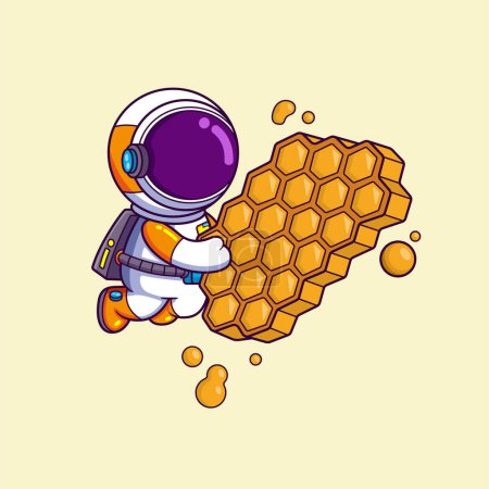 Téléchargez les illustrations : Mignon astronaute avec nid d'abeilles en forme d'hexagone, flaque de miel, personnage de dessin animé de l'illustration - en licence libre de droit