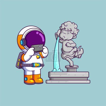 Ilustración de Lindo astronauta toma una foto de un personaje de dibujos animados escultura de bronce de la ilustración - Imagen libre de derechos