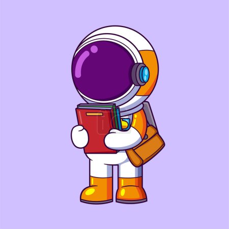 Téléchargez les illustrations : Mignon astronaute va étudier. Mignon astronaute marchant avec des livres dans les mains de l'illustration - en licence libre de droit