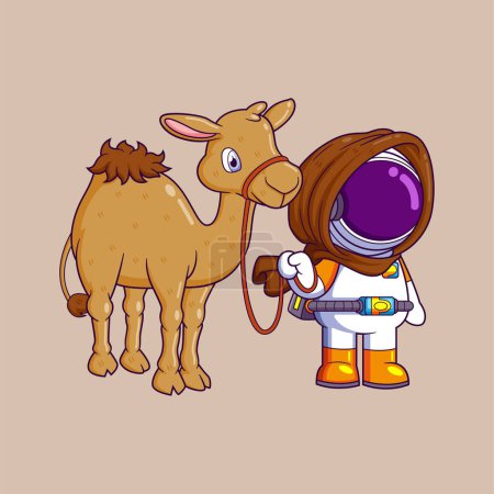 Téléchargez les illustrations : Un astronaute et un chameau voyageant dans la caravane du désert d'illustration - en licence libre de droit