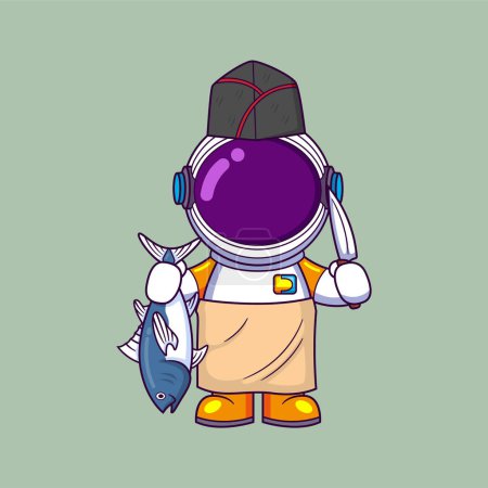 Illustration for Astronaut holding knife and cook fish of illustration - Royalty Free Image
