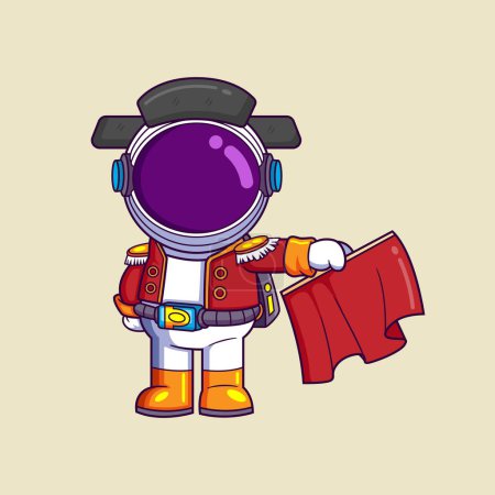 Illustration for Young Astronaut in bullfighting traditional clothing with red rag is ready to fight with bull of illustration - Royalty Free Image