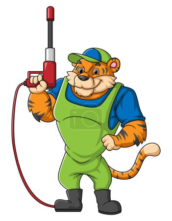 Ilustración de Una mascota de dibujos animados tigre para el lavado de coches con una pistola de lavado de alta presión Jet Spray del ilustrador - Imagen libre de derechos