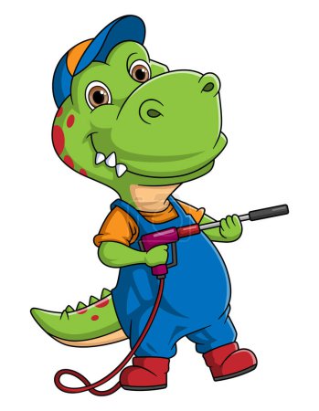 Illustration for A dinosaurs cartoon mascot for car wash holding a High Pressure washer gun Jet Spray of illustrator - Royalty Free Image