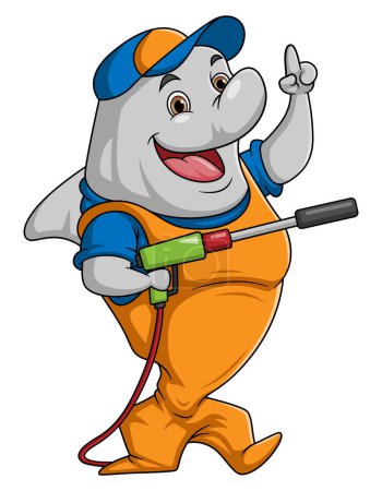 Ilustración de Una mascota de dibujos animados de tiburón para el lavado de coches con una pistola de arandela de alta presión Jet Spray de ilustrador - Imagen libre de derechos