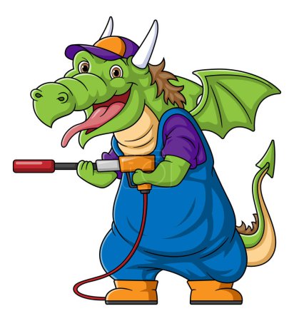 Ilustración de Una mascota de dibujos animados de dragón para el lavado de coches con una pistola de arandela de alta presión Jet Spray del ilustrador - Imagen libre de derechos
