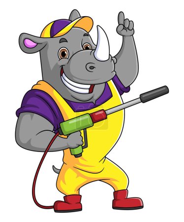 Ilustración de Una mascota de dibujos animados rinoceronte para lavado de coches con una pistola de arandela de alta presión Jet Spray de ilustrador - Imagen libre de derechos