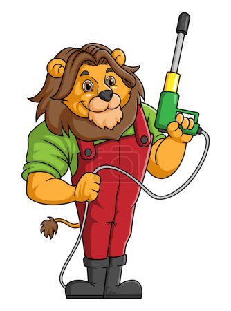 Téléchargez les illustrations : Une mascotte de lion dessin animé pour lavage de voiture tenant un pistolet laveur haute pression Jet Spray de l'illustrateur - en licence libre de droit