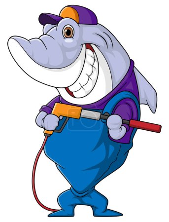 Ilustración de Una mascota de dibujos animados de tiburón para el lavado de coches con una pistola de arandela de alta presión Jet Spray de ilustrador - Imagen libre de derechos