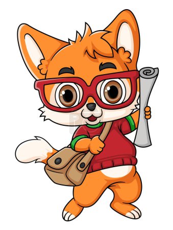 Cute fox on his way to school of illustration