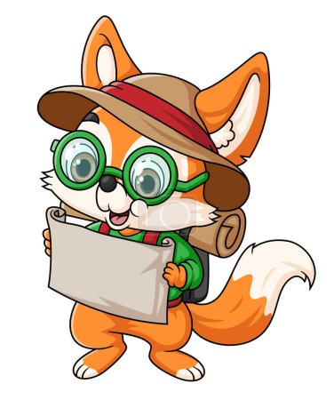 un mignon renard lisant une carte et un sac à dos d'illustration